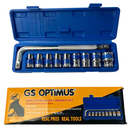 10-piece 1/2'' DR socket set with chrome-vanadium accessories