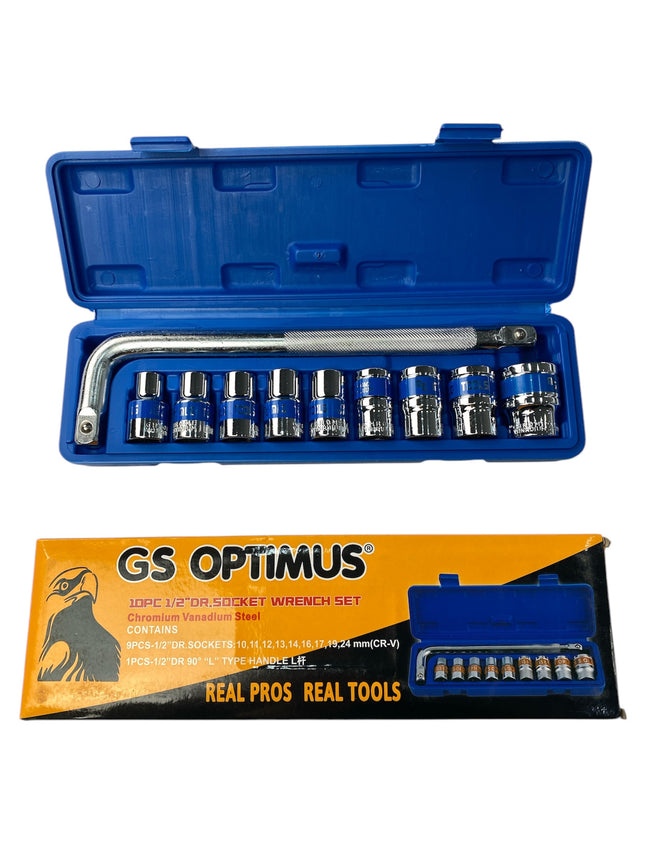 10-piece 1/2'' DR socket set with chrome-vanadium accessories