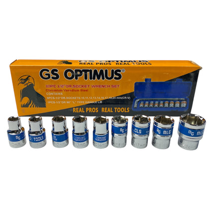 10-piece 1/2'' DR socket set with chrome-vanadium accessories