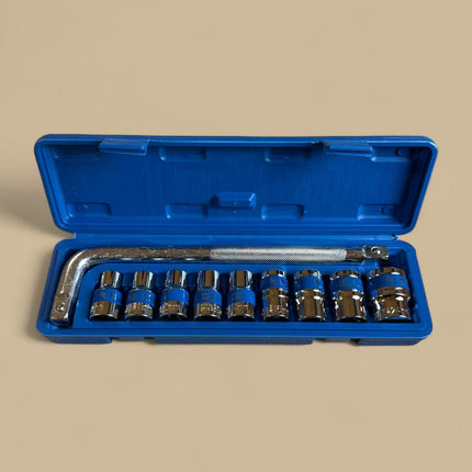 10-piece 1/2'' DR socket set with chrome-vanadium accessories