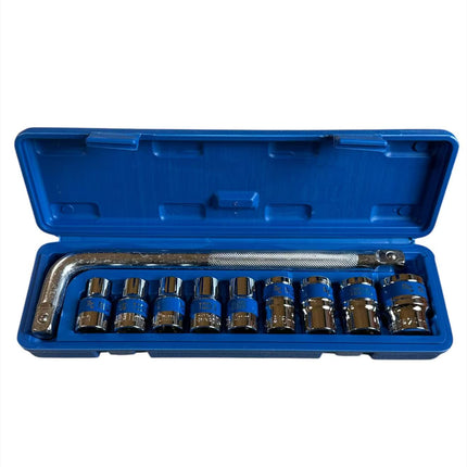 10-piece 1/2'' DR socket set with chrome-vanadium accessories