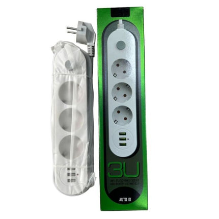 Extension Cable Multiple Socket, 3x USB, 2M 2500W 10A, push button switch