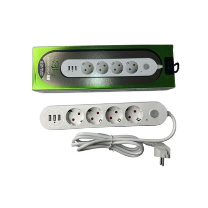 Extension Cable Multiple Socket, 3x USB, 2M 2500W 10A, push button switch