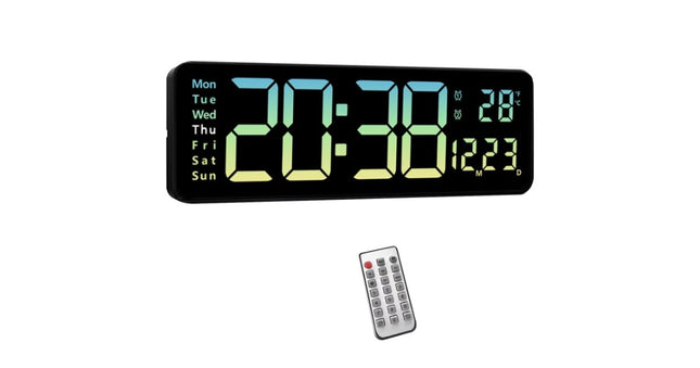 Digital LED wall clock, 16-inch large screen with remote control, calendar, temperature, thermometer, 10 adjustable light levels, green/yellow gradient lighting