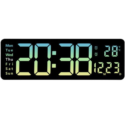 Digital LED wall clock, 16-inch large screen with remote control, calendar, temperature, thermometer, 10 adjustable light levels, green/yellow gradient lighting