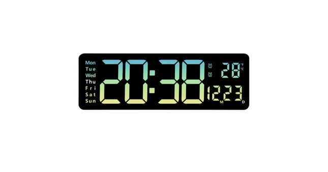 Digital LED wall clock, 16-inch large screen with remote control, calendar, temperature, thermometer, 10 adjustable light levels, green/yellow gradient lighting