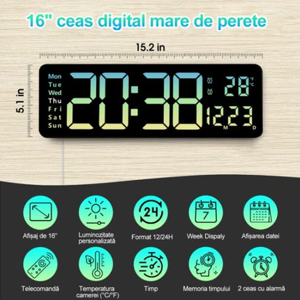 Digital LED wall clock, 16-inch large screen with remote control, calendar, temperature, thermometer, 10 adjustable light levels, green/yellow gradient lighting