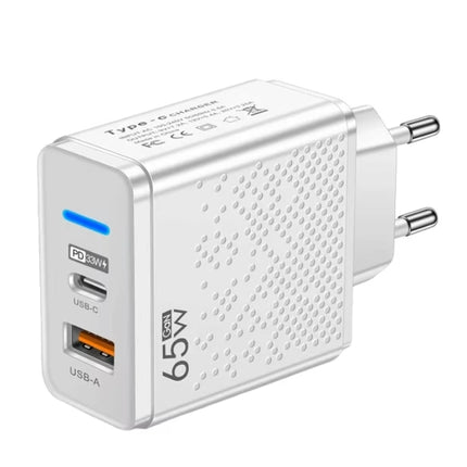 Fast charging adapter 65W with 2 ports, USB-A and PD Type C 33W, compatible with the following, white