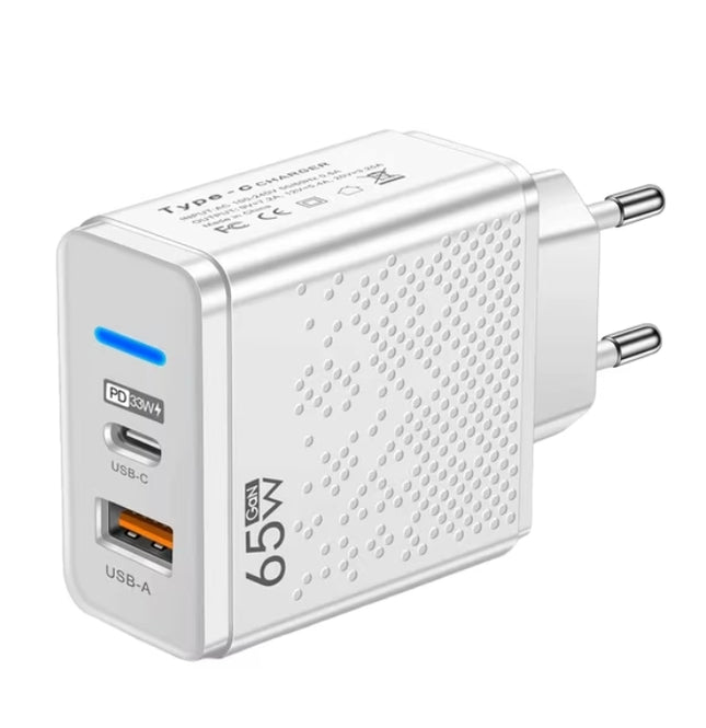 Fast charging adapter 65W with 2 ports, USB-A and PD Type C 33W, compatible with the following, white