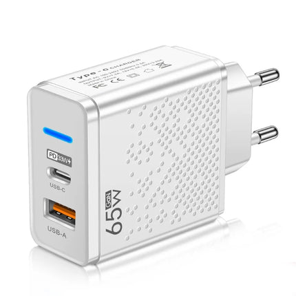 Fast charging adapter 65W with 2 ports, USB-A and PD Type C 33W, compatible with the following, white