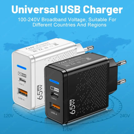 Fast charging adapter 65W with 2 ports, USB-A and PD Type C 33W, compatible with the following, white