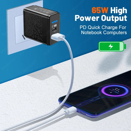 Fast charging adapter 65W with 2 ports, USB-A and PD Type C 33W, compatible with the following, white