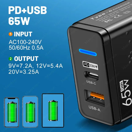 Fast charging adapter 65W with 2 ports, USB-A and PD Type C 33W, compatible with the following, white