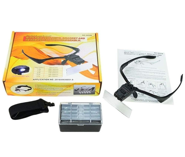 Magnifying glasses with headband and LED light with 5 interchangeable magnifying lenses