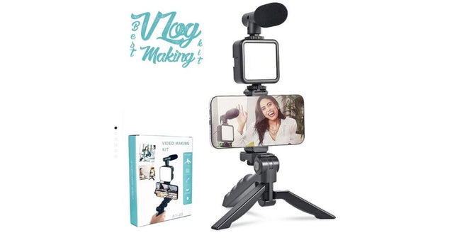 Video Maker Kit AY-49 Vlogging Camera Microphone Stand Kit Tripod, Black