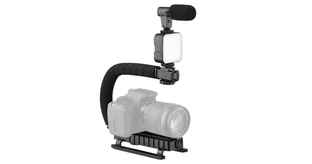 Professional camera and phone holder with microphone, light and video recording kit