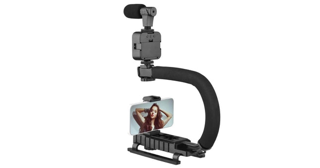 Professional camera and phone holder with microphone, light and video recording kit
