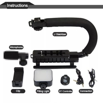 Professional camera and phone holder with microphone, light and video recording kit