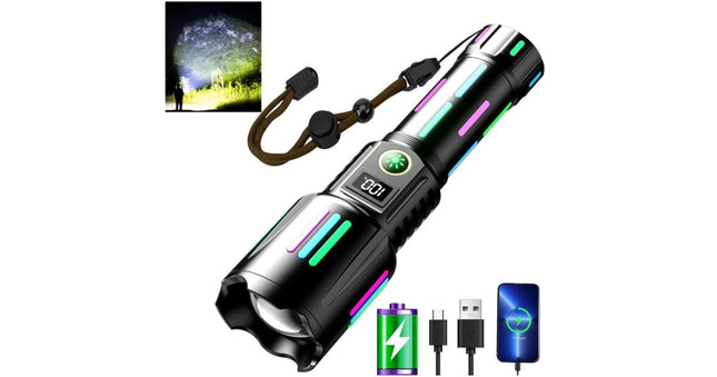 Aluminum LED flashlight, with battery 26650mah, USB Type-C charging, 5 lighting modes (KH-W515)