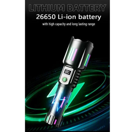 Aluminum LED flashlight, with battery 26650mah, USB Type-C charging, 5 lighting modes (KH-W515)