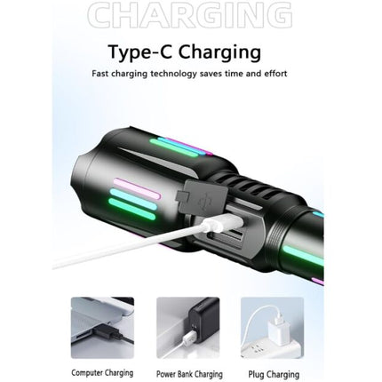Aluminum LED flashlight, with battery 26650mah, USB Type-C charging, 5 lighting modes (KH-W515)
