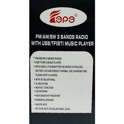 Solar Bluetooth Speaker with 6 Inch Fan, LED Bulb with AM/FM/SW Switch, LED Radio