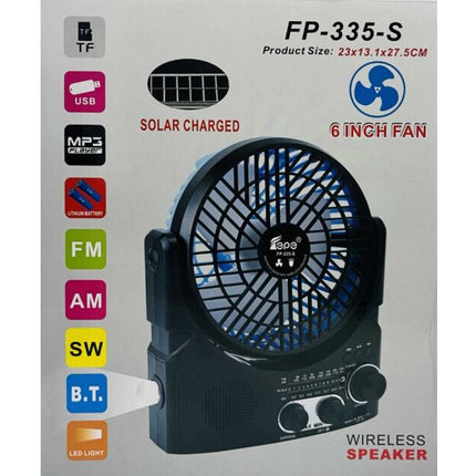 Solar Bluetooth Speaker with 6 Inch Fan, LED Bulb with AM/FM/SW Switch, LED Radio
