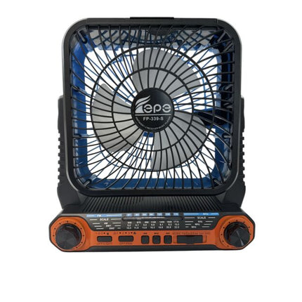Powerful portable fan with solar and electric charging, built-in radio, Bluetooth speaker and LED light