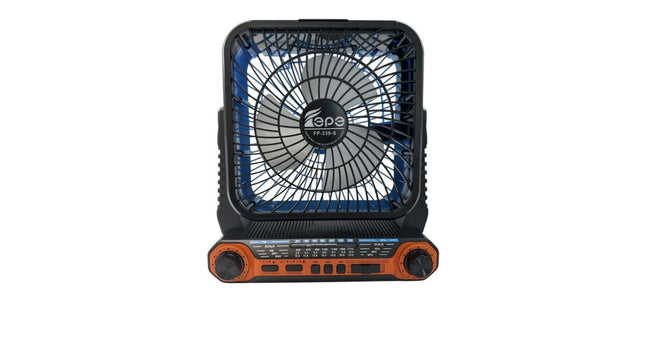 Powerful portable fan with solar and electric charging, built-in radio, Bluetooth speaker and LED light