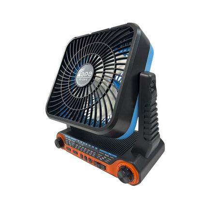 Powerful portable fan with solar and electric charging, built-in radio, Bluetooth speaker and LED light