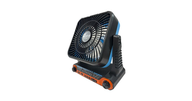 Powerful portable fan with solar and electric charging, built-in radio, Bluetooth speaker and LED light