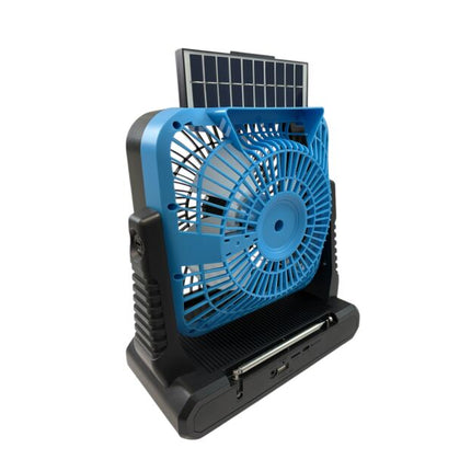 Powerful portable fan with solar and electric charging, built-in radio, Bluetooth speaker and LED light