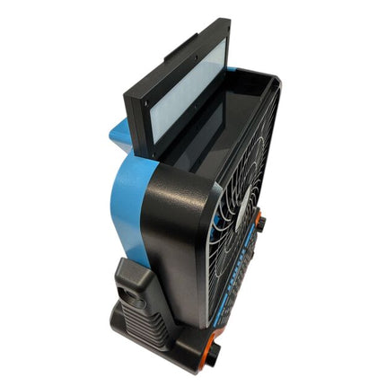 Powerful portable fan with solar and electric charging, built-in radio, Bluetooth speaker and LED light