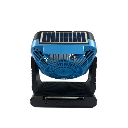 Powerful portable fan with solar and electric charging, built-in radio, Bluetooth speaker and LED light