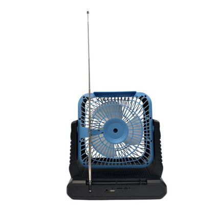 Powerful portable fan with solar and electric charging, built-in radio, Bluetooth speaker and LED light