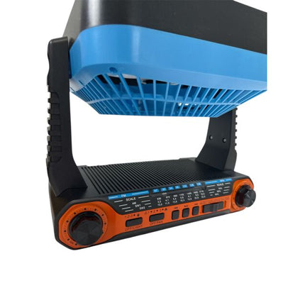 Powerful portable fan with solar and electric charging, built-in radio, Bluetooth speaker and LED light