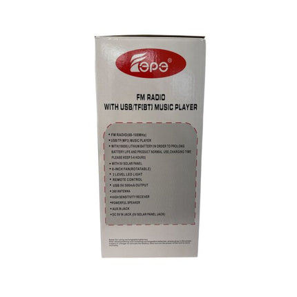 Powerful portable fan with solar and electric charging, 8-INCH, built-in radio, Bluetooth speaker and LED light