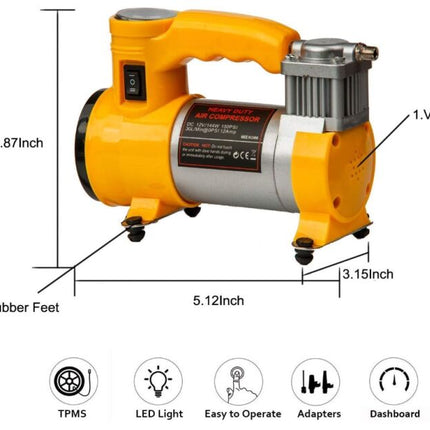 Portable Car Air Compressor Pump, Multifunctional Dashboard Display, 12V Tire Inflator with 3 Additional Adapters, LED Light and Handle for Car, Bicycle, Ball and Other Inflatable Toys