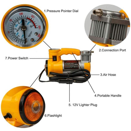 Portable Car Air Compressor Pump, Multifunctional Dashboard Display, 12V Tire Inflator with 3 Additional Adapters, LED Light and Handle for Car, Bicycle, Ball and Other Inflatable Toys