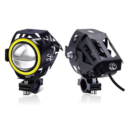 Motorcycle LED fog lights, Motorcycle LED fog lights, Motorcycle accessory spotlights with yellow halo ring and switch 12V/24V, 1pc black