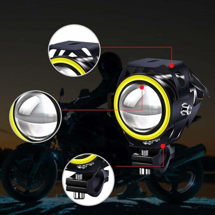 Motorcycle LED fog lights, Motorcycle LED fog lights, Motorcycle accessory spotlights with yellow halo ring and switch 12V/24V, 1pc black