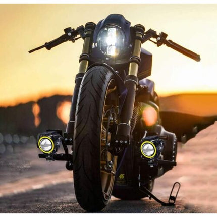 Motorcycle LED fog lights, Motorcycle LED fog lights, Motorcycle accessory spotlights with yellow halo ring and switch 12V/24V, 1pc black