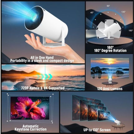 Portable video projector, Smart 4K Ultra HD, 5G wifi, built-in speaker, autofocus, Bluetooth 5.0, LED, adjustable projection 180 degree rotation, white