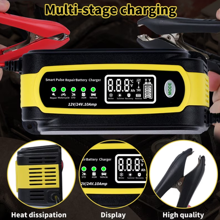 Intelligent automatic charger for car battery, multiple protection, 12V/24V, 10A
