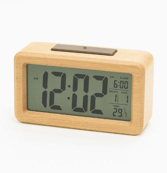 Digital Alarm Clock Wooden Display Electronic Clocks Sensor Backlight Battery Operated