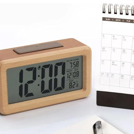Digital Alarm Clock Wooden Display Electronic Clocks Sensor Backlight Battery Operated