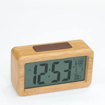 Digital Alarm Clock Wooden Display Electronic Clocks Sensor Backlight Battery Operated