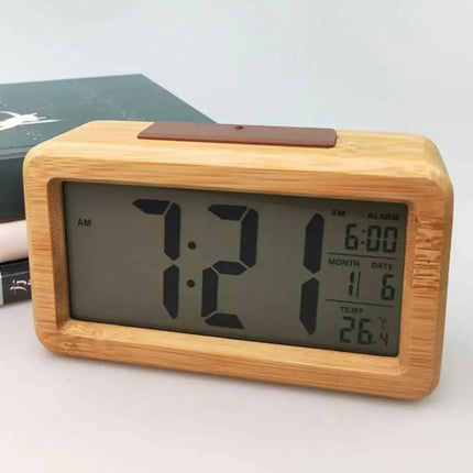 Digital Alarm Clock Wooden Display Electronic Clocks Sensor Backlight Battery Operated