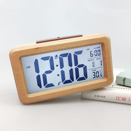 Digital Alarm Clock Wooden Display Electronic Clocks Sensor Backlight Battery Operated