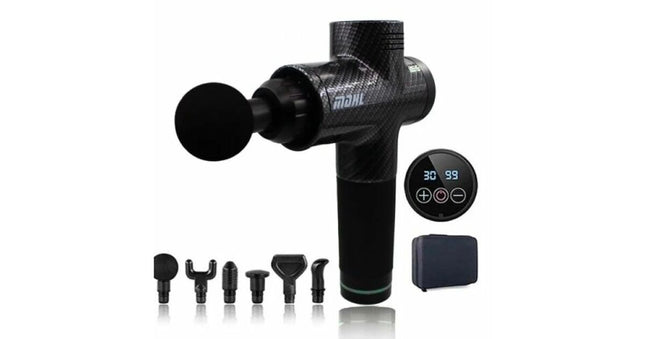 Professional massager, with cooling system, 3200 strokes and 30 speeds, 6 heads, 16.8 V and 2500 mAh, quiet, bag included, dark black color